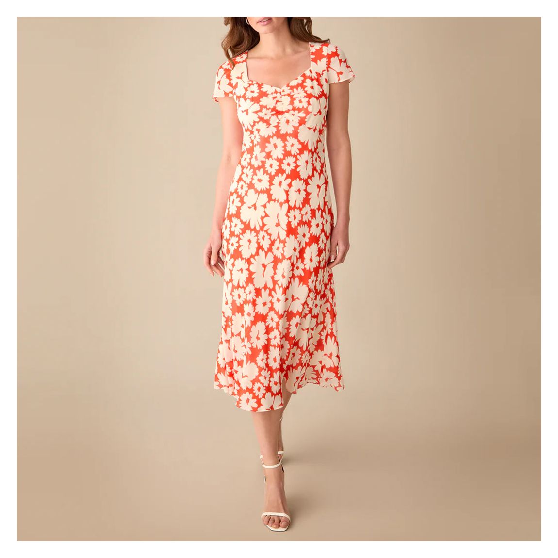 Petite Red Daisy Print Sweetheart Neckline Midi Dress