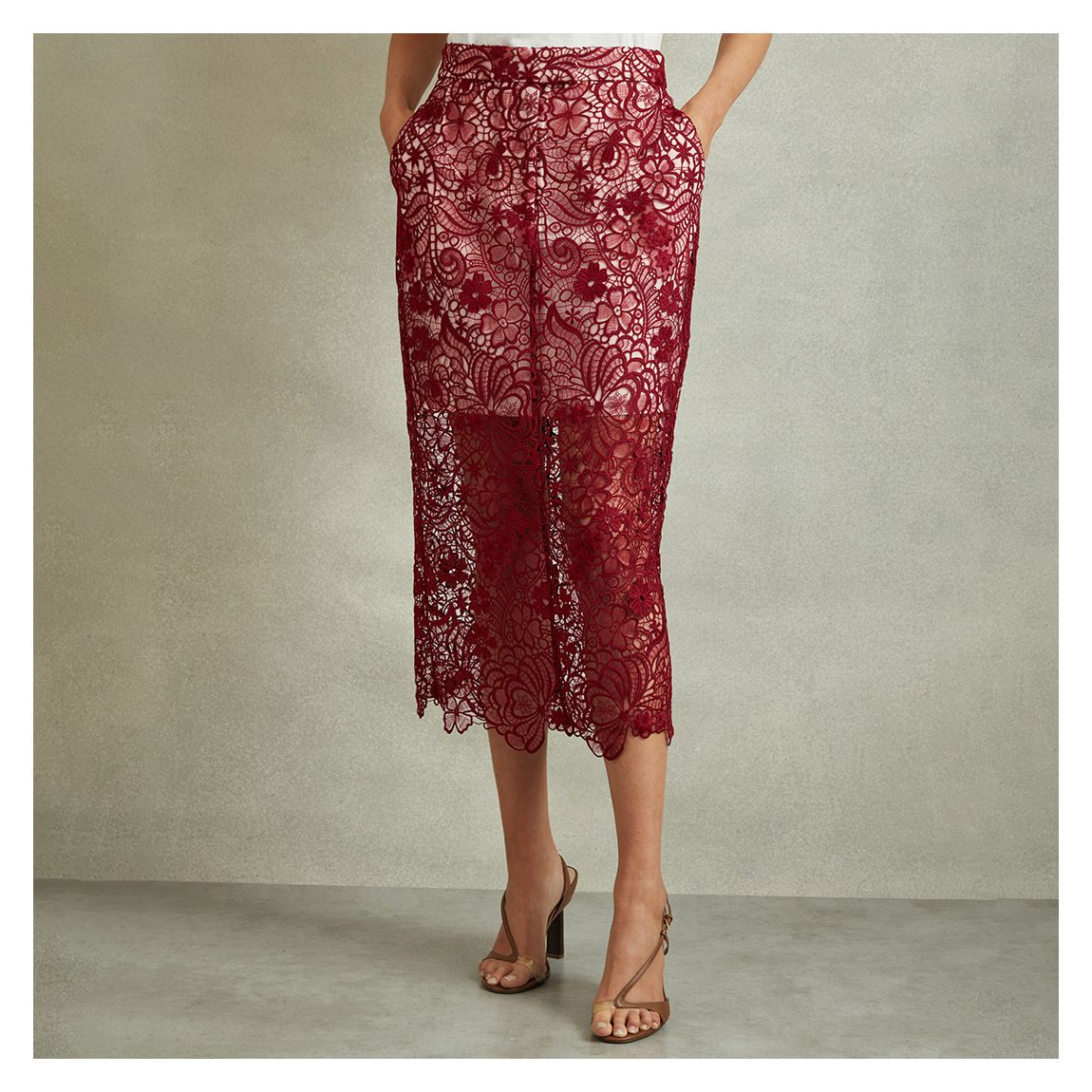 Burgundy Sheer Lace Midi Pencil Skirt