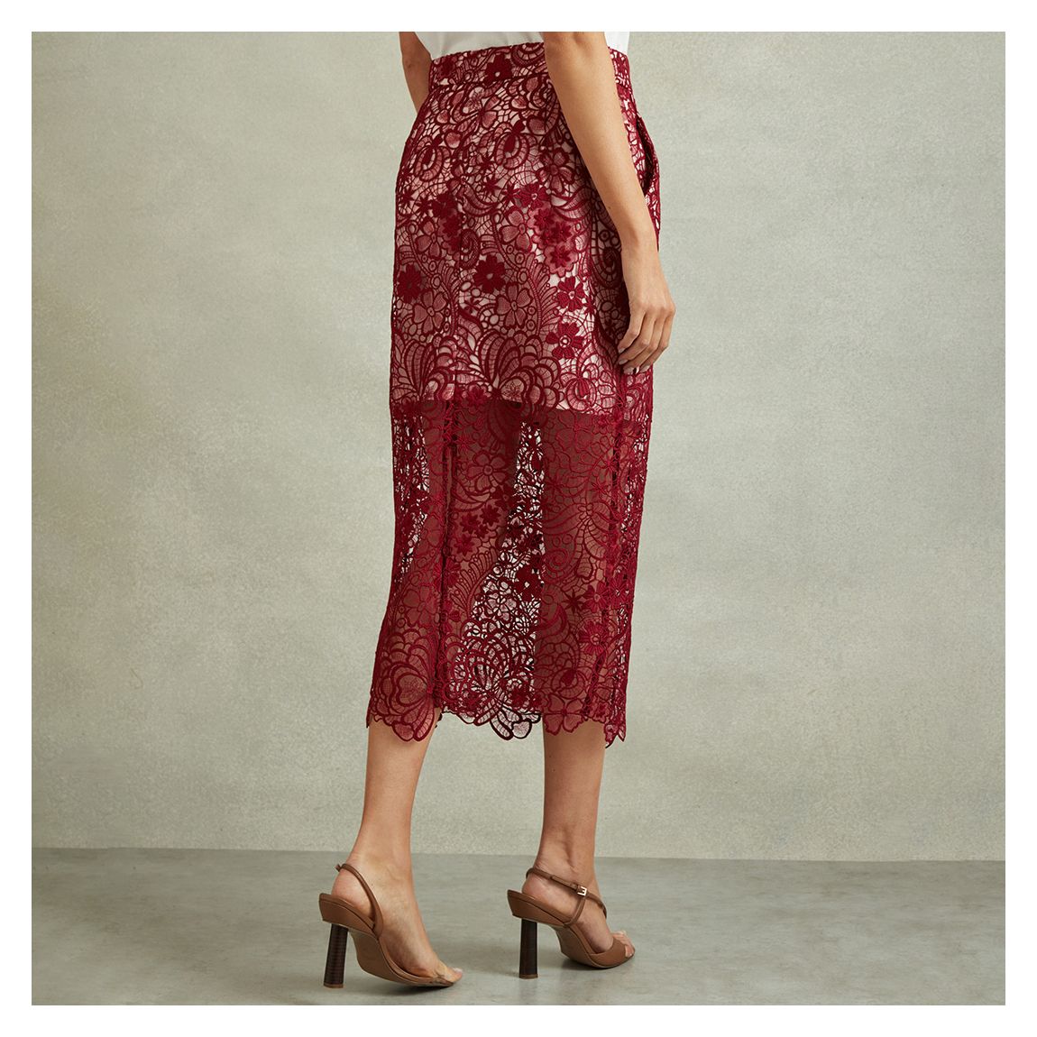 Burgundy Sheer Lace Midi Pencil Skirt