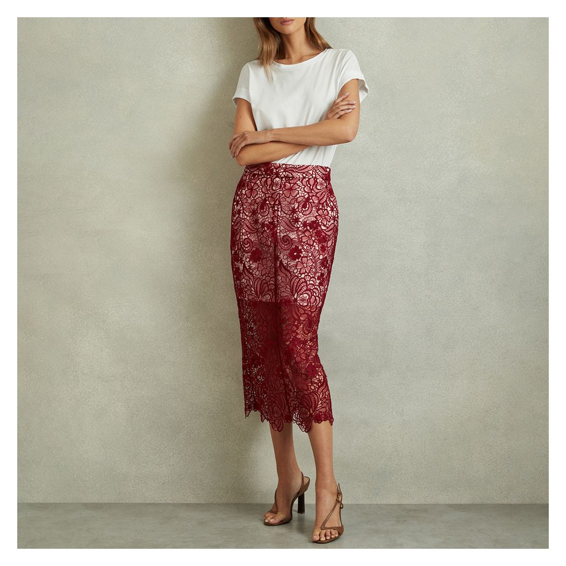 Burgundy Sheer Lace Midi Pencil Skirt