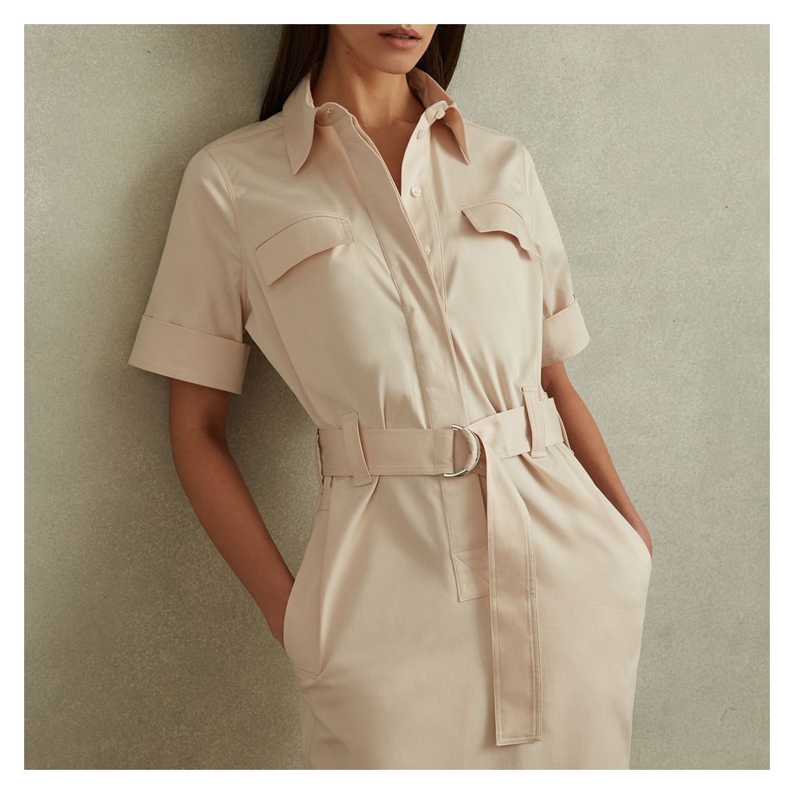 Reiss Stone Cotton Blend Utility Belted Midi Dress - BrandAlley