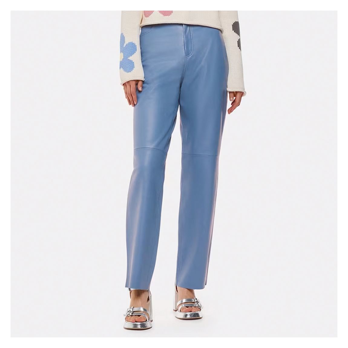 Blue Straight Leg Leather Trousers