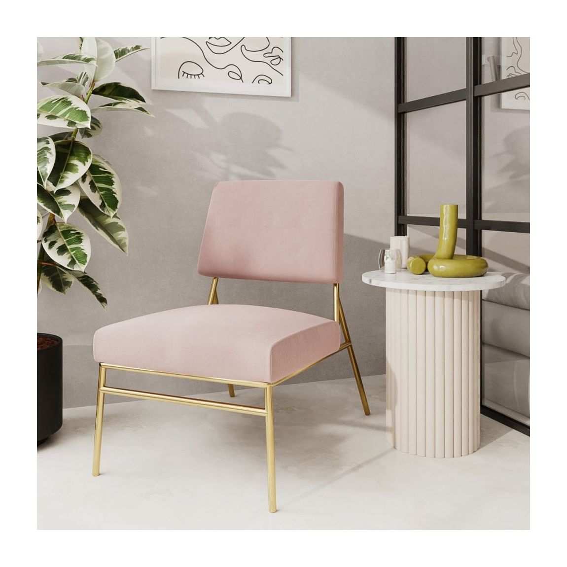 Holly Accent Chair, Light Pink Velvet & Brass
