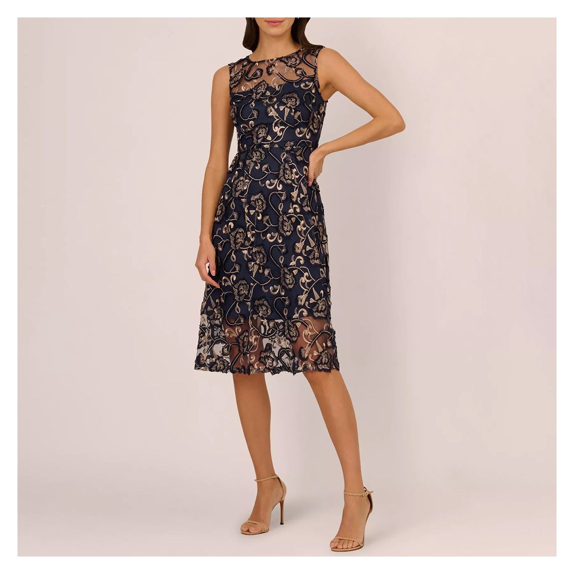 Navy/Gold Embroidered Tea Dress