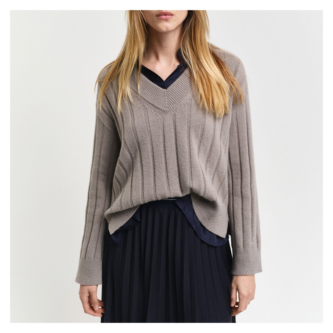 Warm Grey Wide Ribbed Wool V-Neck