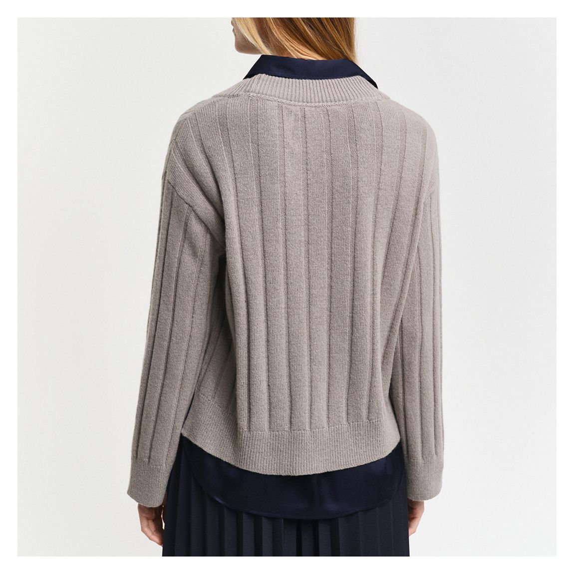 Warm Grey Wide Ribbed Wool V-Neck