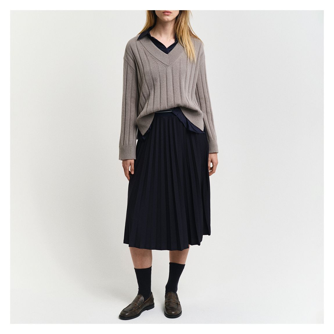 Warm Grey Wide Ribbed Wool V-Neck