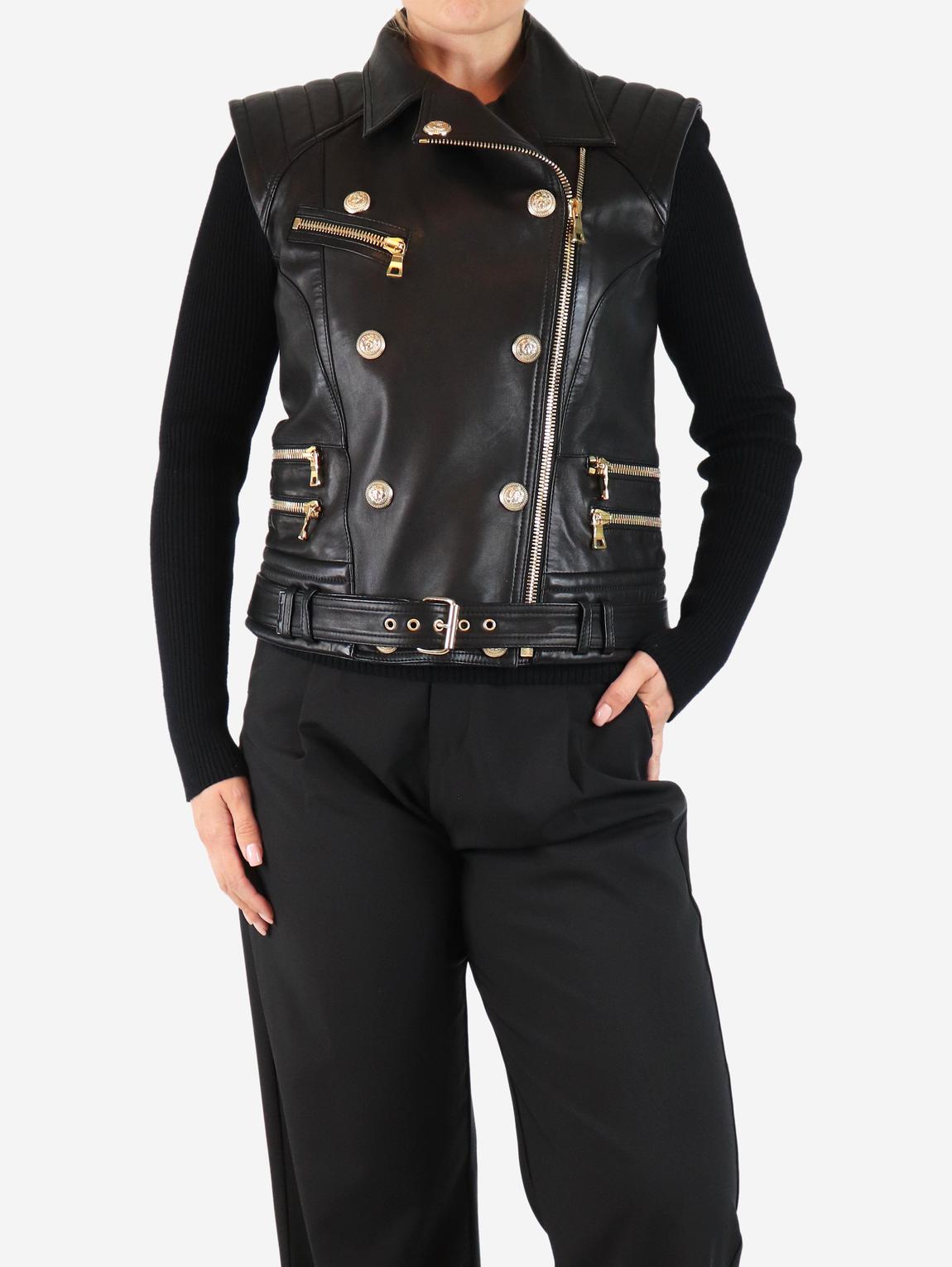Black leather biker vest jacket main product photo