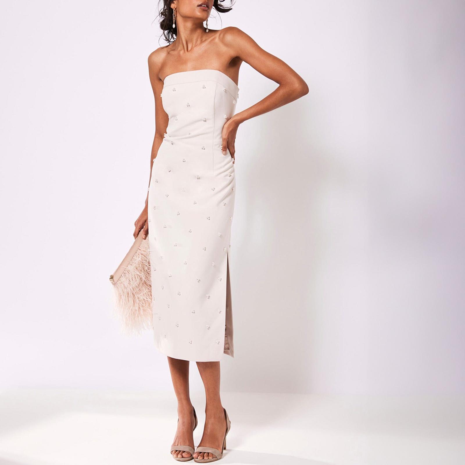 Premium white embroidered pearl trim bandeau midi dress store