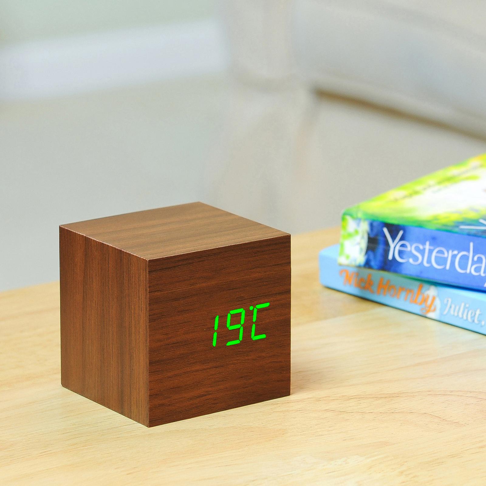 Walnut Cube Click Clock with Green LED - BrandAlley