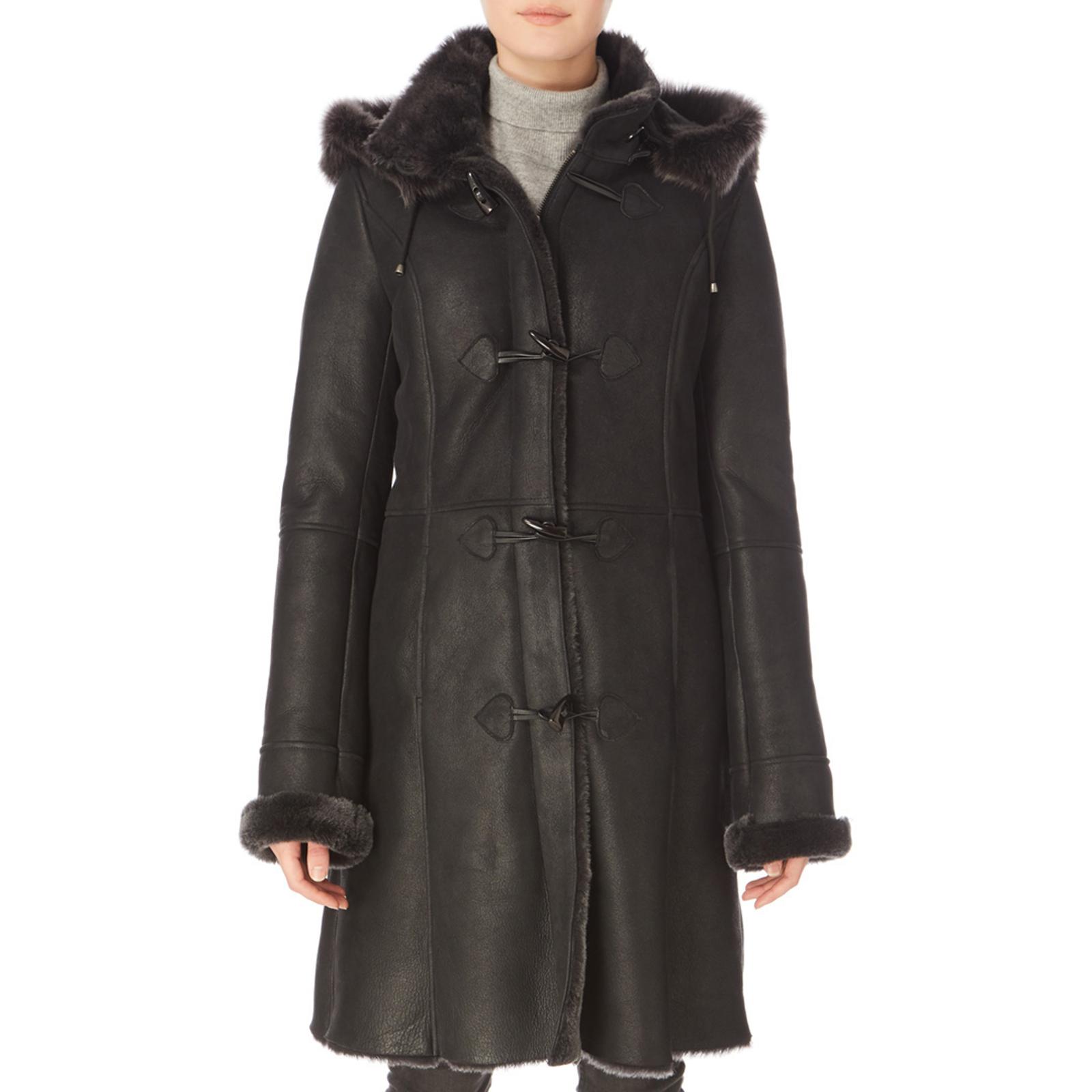 Black Hooded Ladies Sheepskin Duffle coat - BrandAlley