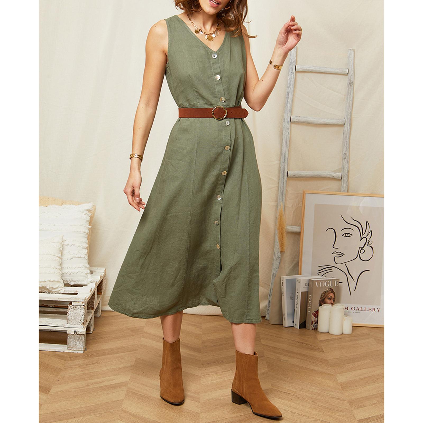 Khaki V Neck Linen Midi Dress BrandAlley