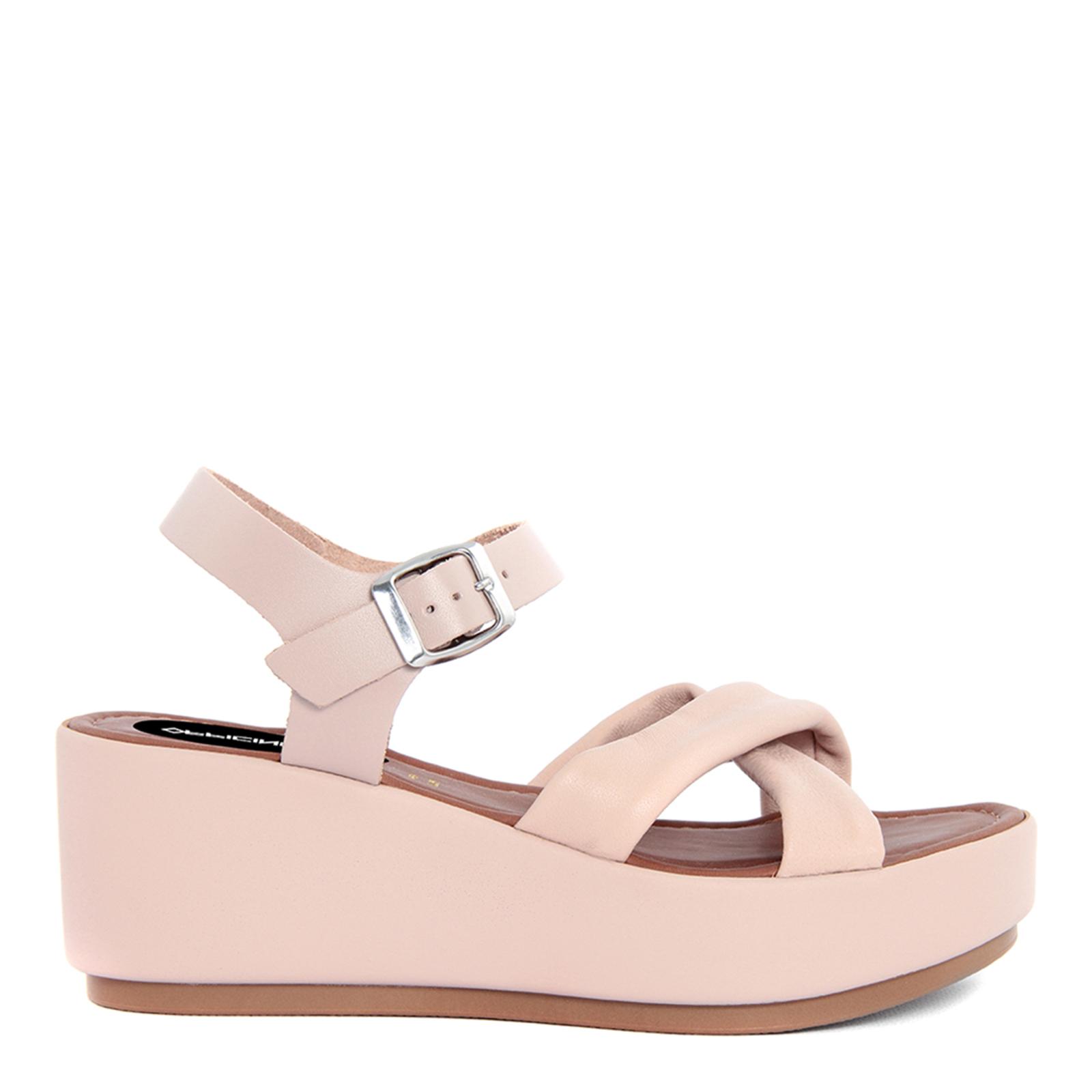 Pink Leather Cross Strap Wedge Sandals Brandalley