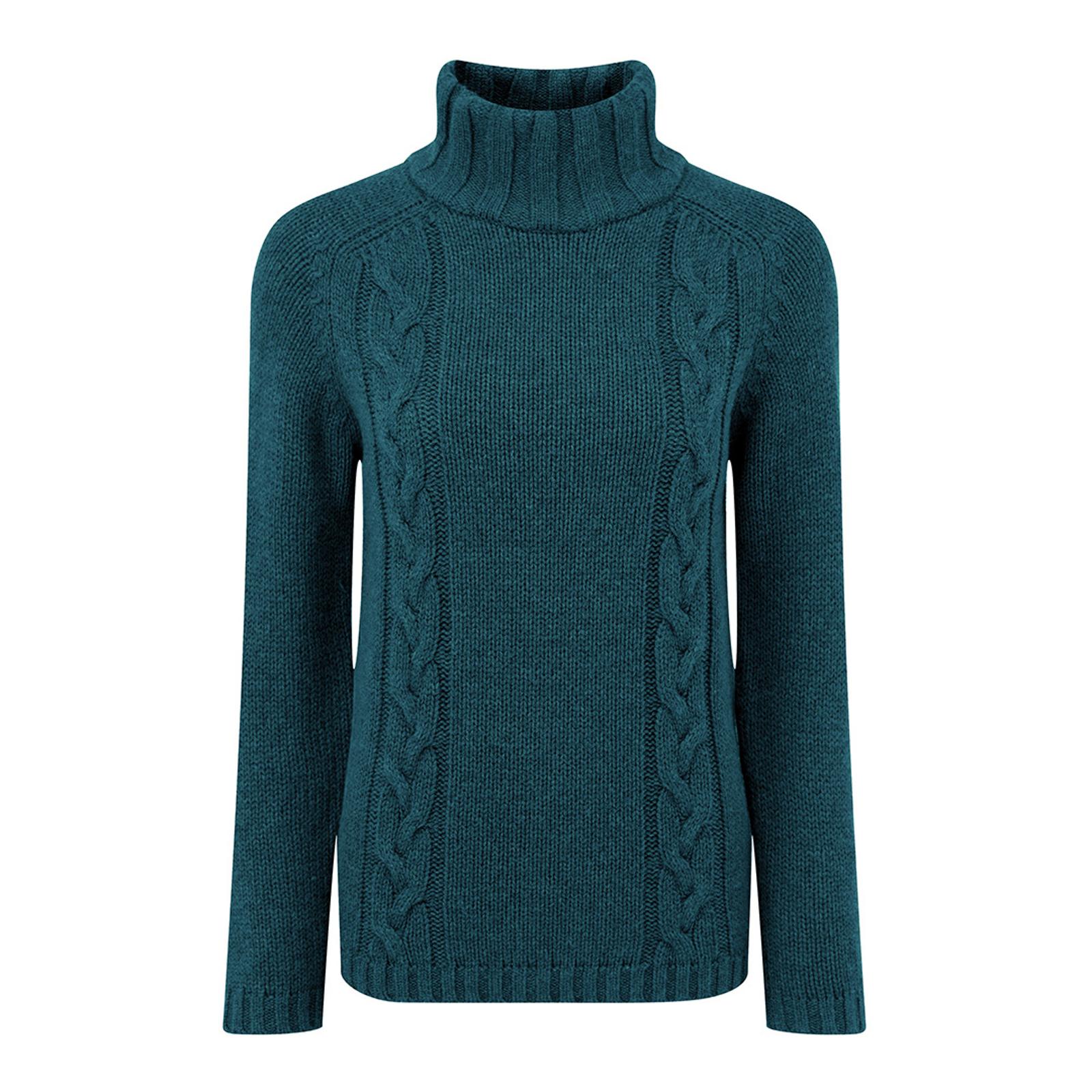 Teal Roll Neck Cable Knit Merino Wool Jumper - BrandAlley