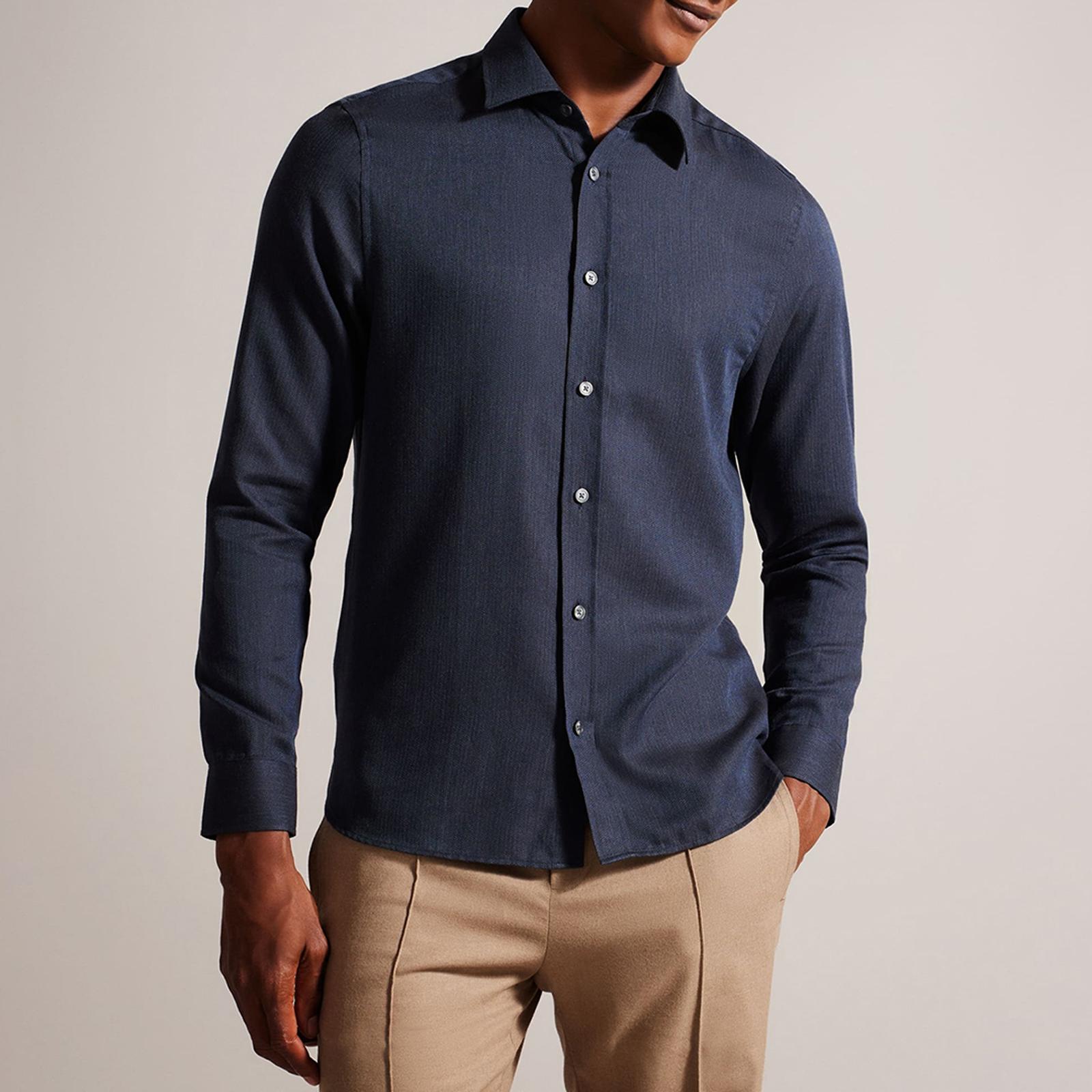 Navy Crotone Cotton Herringbone Shirt - BrandAlley