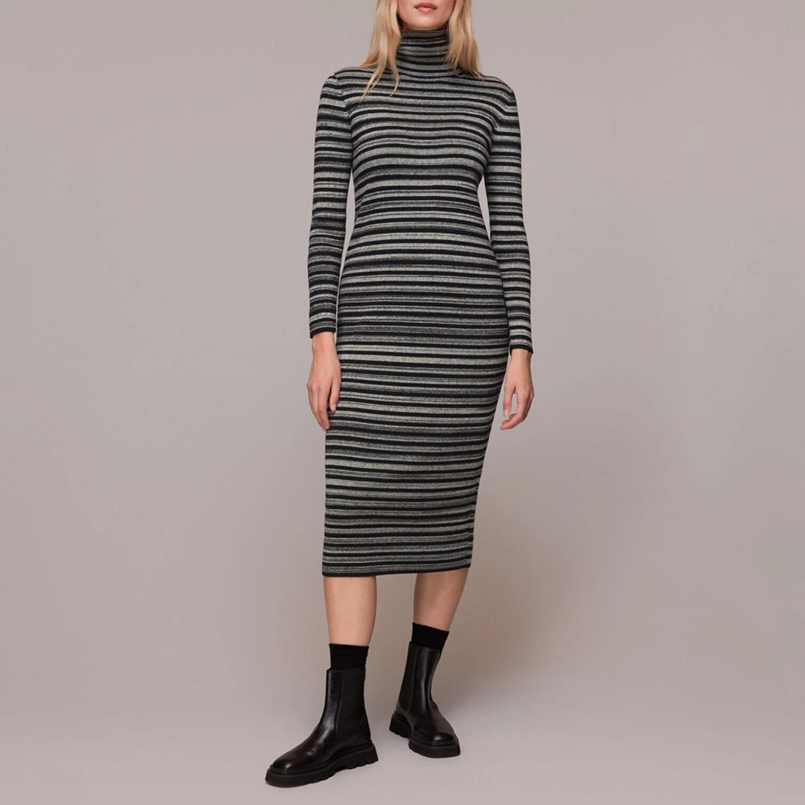Grey Stripe Midi Knit Dress - BrandAlley