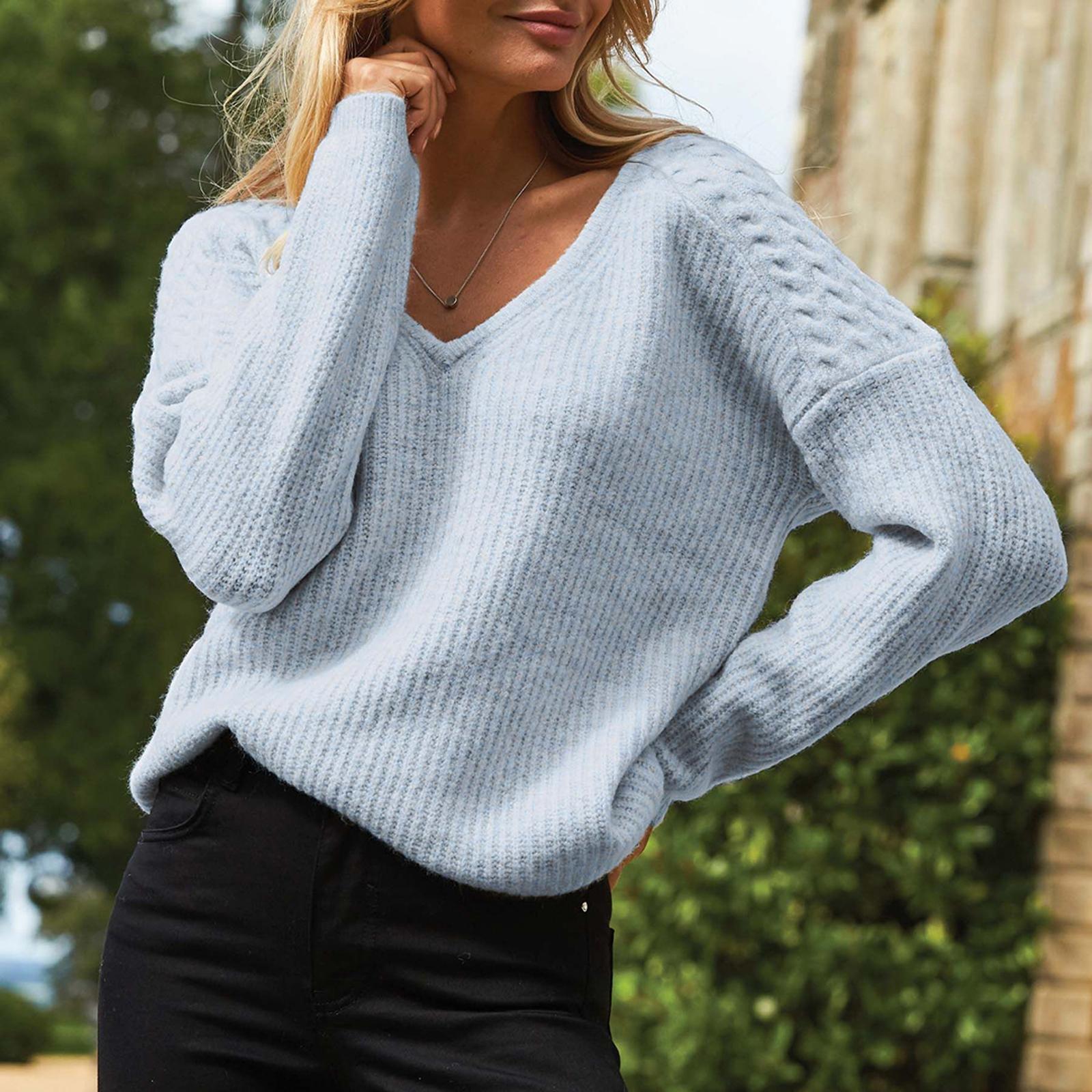 Pale Blue Cable Shoulder V Neck Jumper - BrandAlley