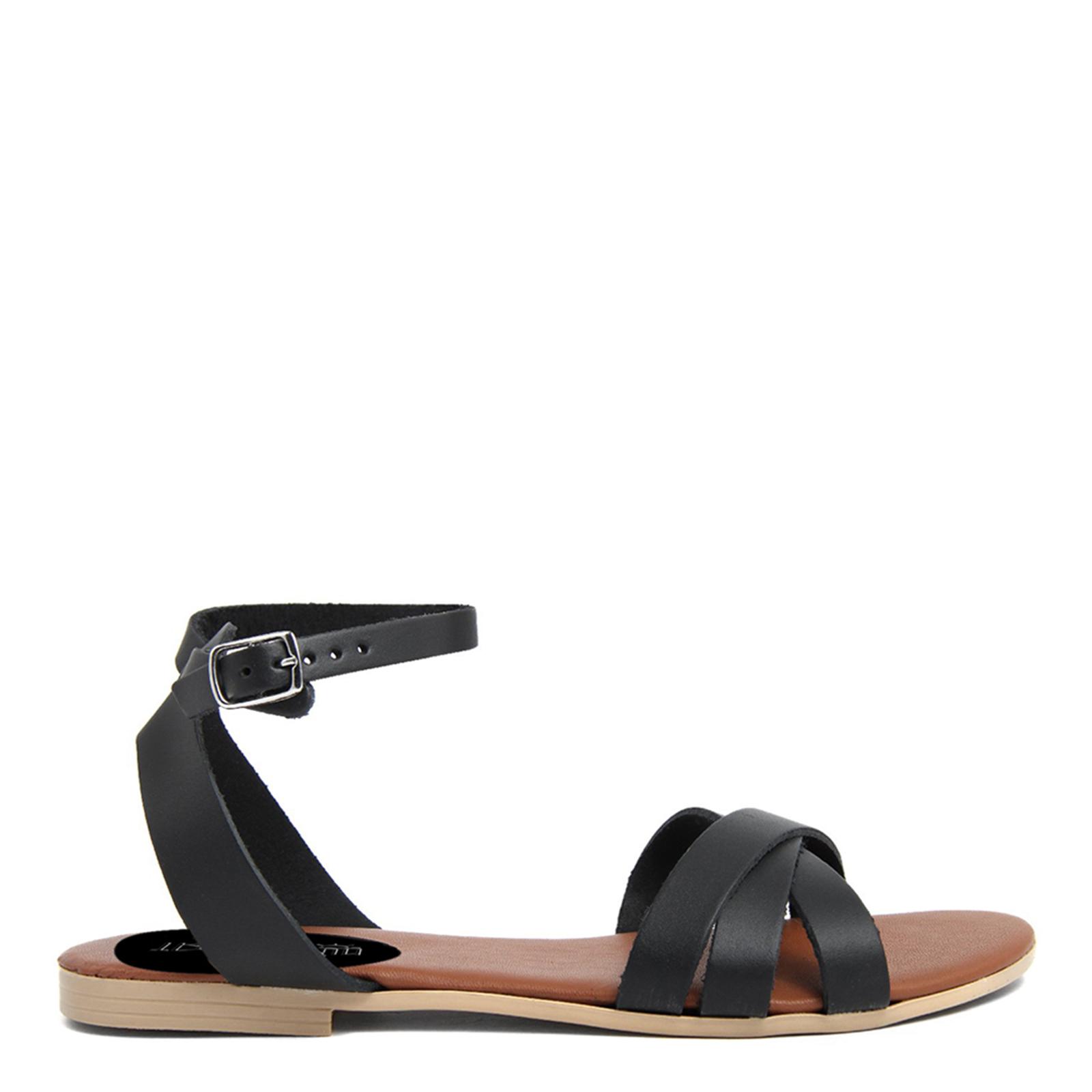 Black Leather Strappy Flat Sandals - BrandAlley