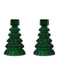Set of 2 Green Glass Tree Candlesticks