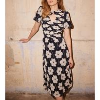 knee length dresses for ladies Navy Leaf Print Shirred Midi Dress – Mint Velvet main image 1