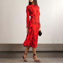 Victoria Beckham Red Printed Long Sleeve Dolman Midi Dress