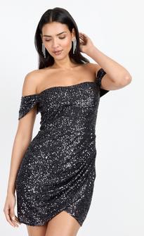 Little Mistress Black Sequin Draped Bardot Mini Dress - BrandAlley