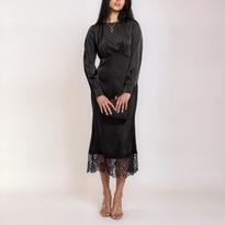 Little Mistress Black Satin And Lace Midaxi Dress - BrandAlley