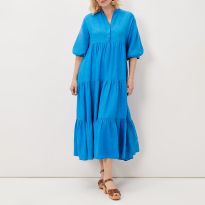 Blue Gracie Tiered Cotton Blend Maxi Dress