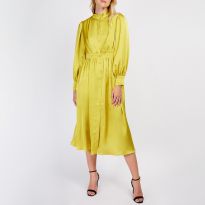 Lime Satin Button Front Shirt Dress
