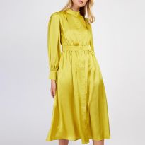 Lime Satin Button Front Shirt Dress