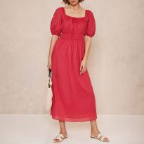 Pink Puff Sleeve Midi Dress