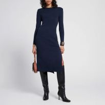 Navy Double Thigh Split Midi Dress