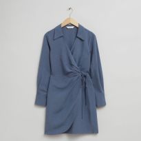Dark Blue Linen Blend Wrap Tie Mini Shirt Dress