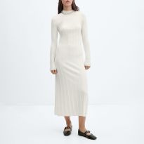 Ecru High Neck Ribbed Dress