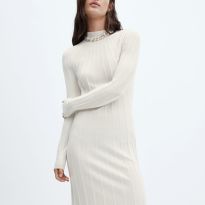 Ecru High Neck Ribbed Dress