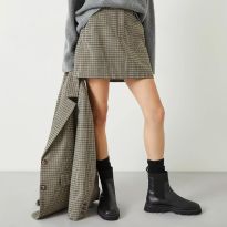 Coffee Tartan Wool Blend Mini Skirt
