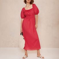 Pink Puff Sleeve Midi Dress