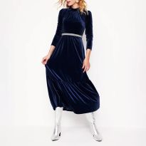 Navy High Neck Tiered Velvet Dress