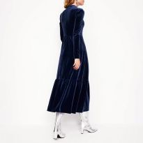 Navy High Neck Tiered Velvet Dress