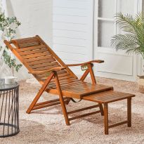 Bamboo Foldable Recliner Lounge Chair with Retractable Footrest