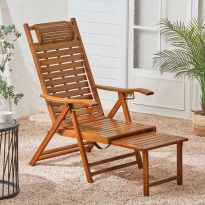 Bamboo Foldable Recliner Lounge Chair with Retractable Footrest