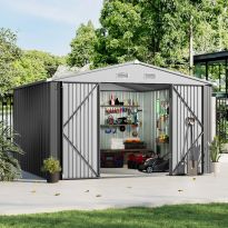 Outdoor 10x10 FT Garden Metal Storage Shed with Lockable Door - Grey