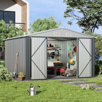 Outdoor 10x10 FT Garden Metal Storage Shed with Lockable Door - Grey