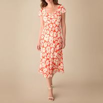 Petite Red Daisy Print Sweetheart Neckline Midi Dress
