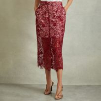 Burgundy Sheer Lace Midi Pencil Skirt