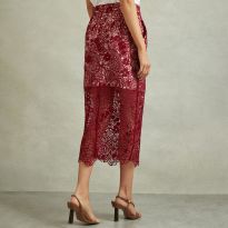 Burgundy Sheer Lace Midi Pencil Skirt