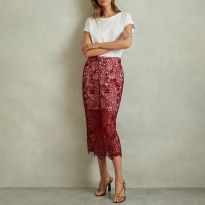 Burgundy Sheer Lace Midi Pencil Skirt