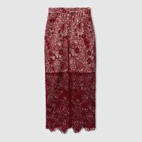 Burgundy Sheer Lace Midi Pencil Skirt