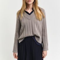 Warm Grey Wide Ribbed Wool V-Neck