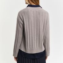 Warm Grey Wide Ribbed Wool V-Neck